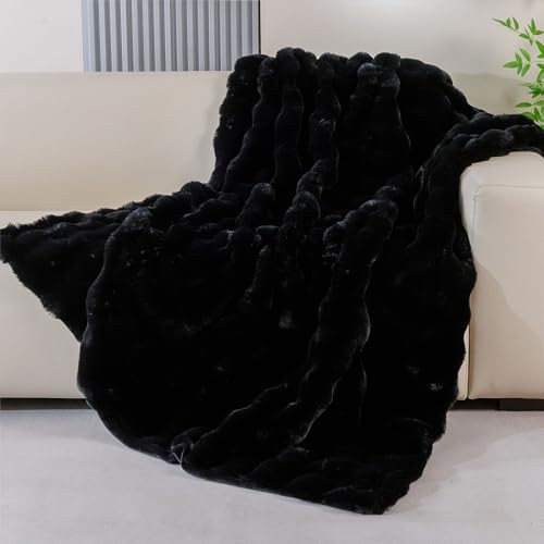 BlanketSolution Fluffy Furry Black Faux Fur Throw Blanket for Couch Bed 50x60 Fuzzy Bubble Soft Blanket for Adults Gift Home Living Room Decorative Decor 860 GSM | Amazon (US)