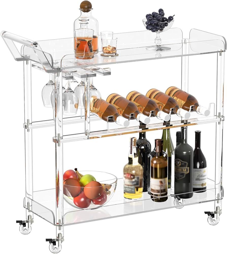 HMYHUM Acrylic Bar Cart with 4 Lockable Wheels, Clear Serving Cart with Wine Rack and Glass Holde... | Amazon (US)
