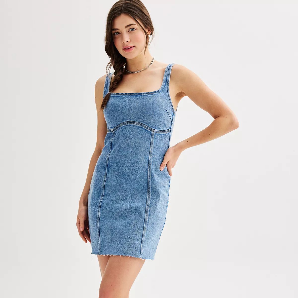 Juniors' SO® Denim Paneled Sleeveless Squareneck Mini Dress | Kohl's