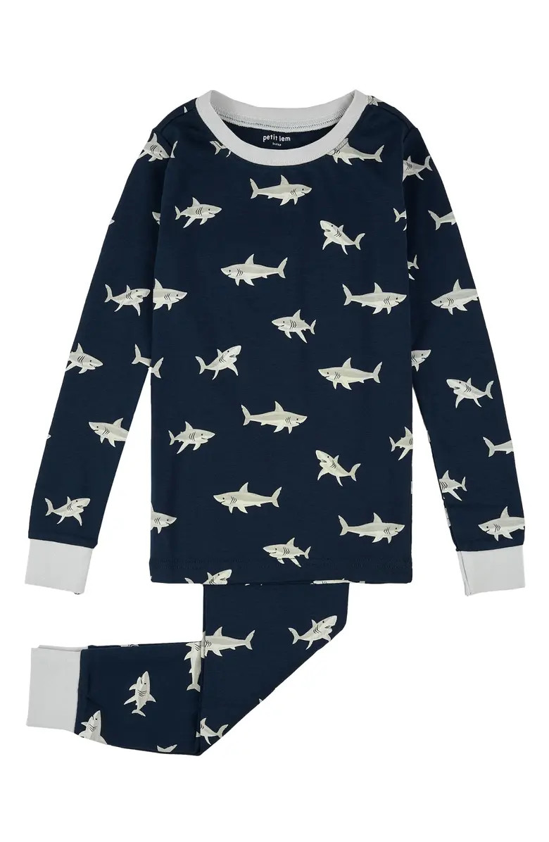 Petit Lem Kids' Shark Print Fitted Two-Piece Organic Cotton Rib Pajamas | Nordstrom | Nordstrom