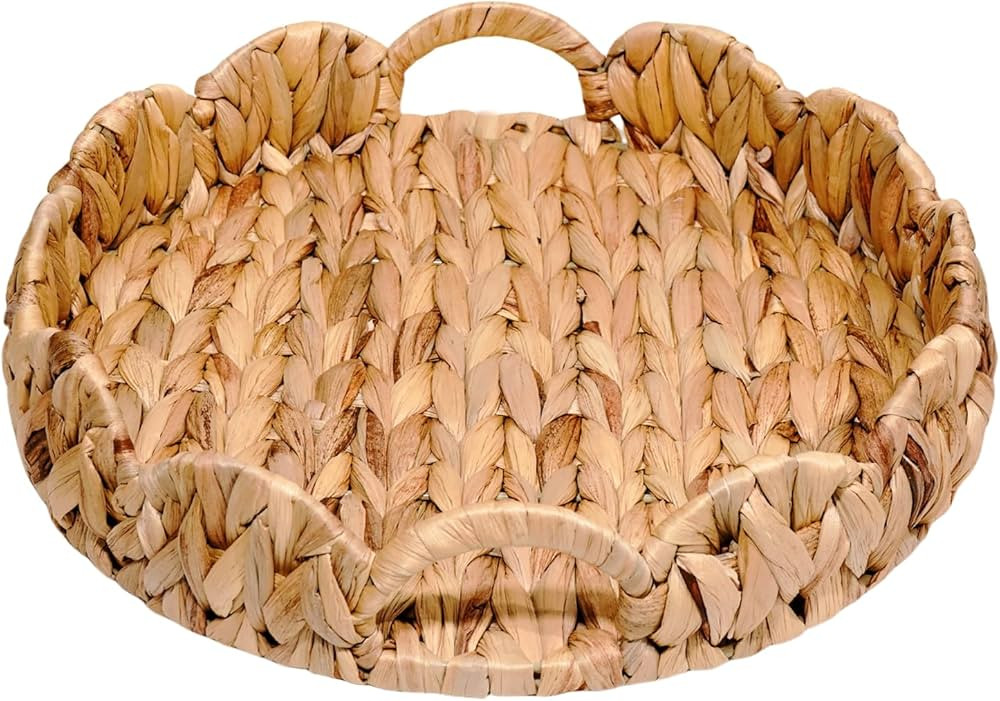 PINXIURY 13 Inch Scalloped Round serving Tray, Woven Coffee Table Tray, Rattan Basket, Basket tra... | Amazon (US)