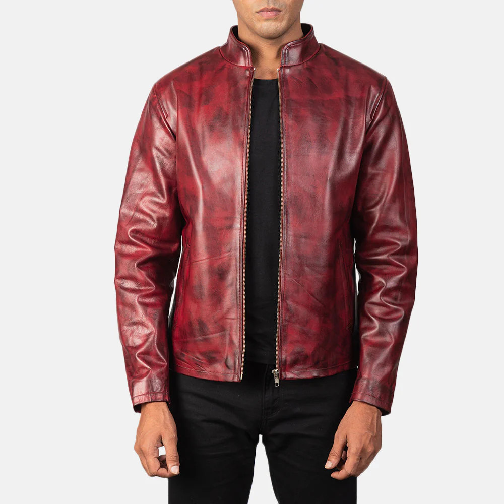 Men's Alex Distressed Burgundy Leather Biker Jacket | The Jacket Maker
