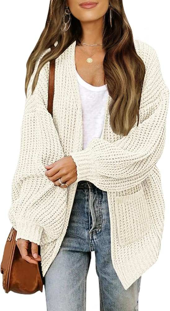 MEROKEETY Women's Fall Open Front Long Lantern Sleeve Cardigan Oversized Chunky Outwear with Pock... | Amazon (US)