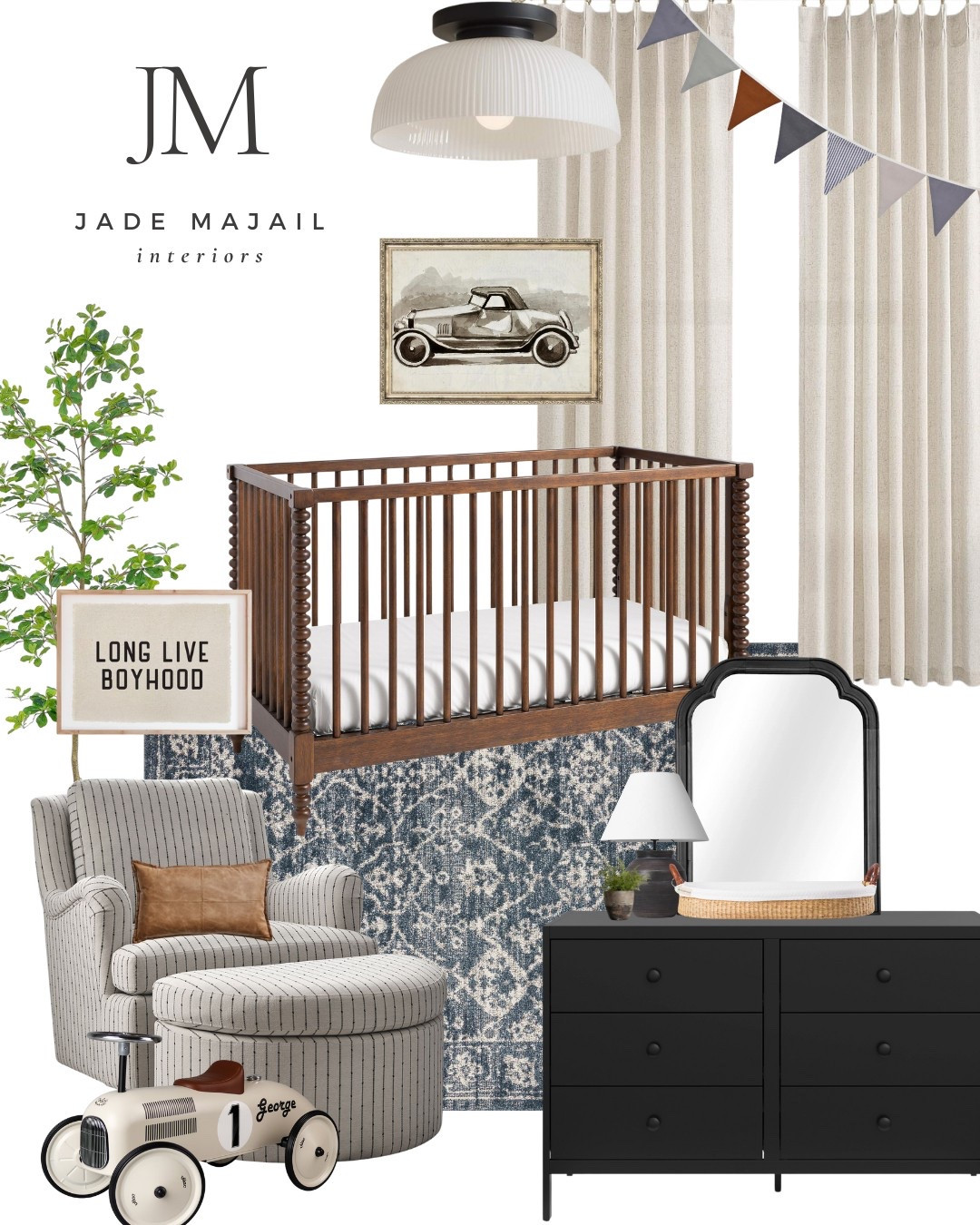 Vintage car inspired nursery 🏁

Beige curtains, wall art, faux tree, turned wood crib, black dresser, black mirror, black table lamp, rocker and glider chair, accent pillow, blue area rug, home decor

#LTKKids #LTKHome #LTKBaby