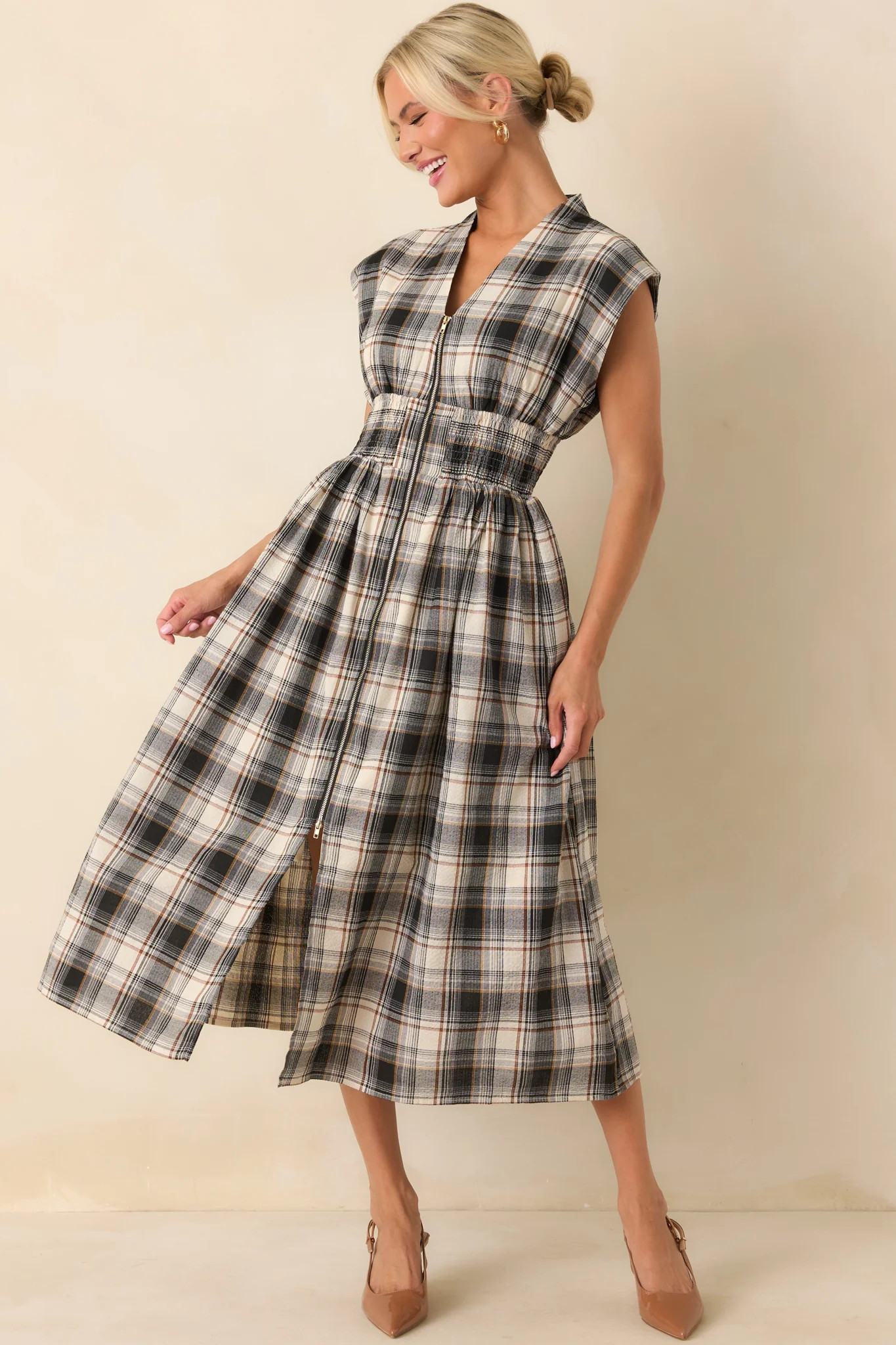 The Evette Black Tartan Plaid Cotton Zip Front Midi Dress | Red Dress