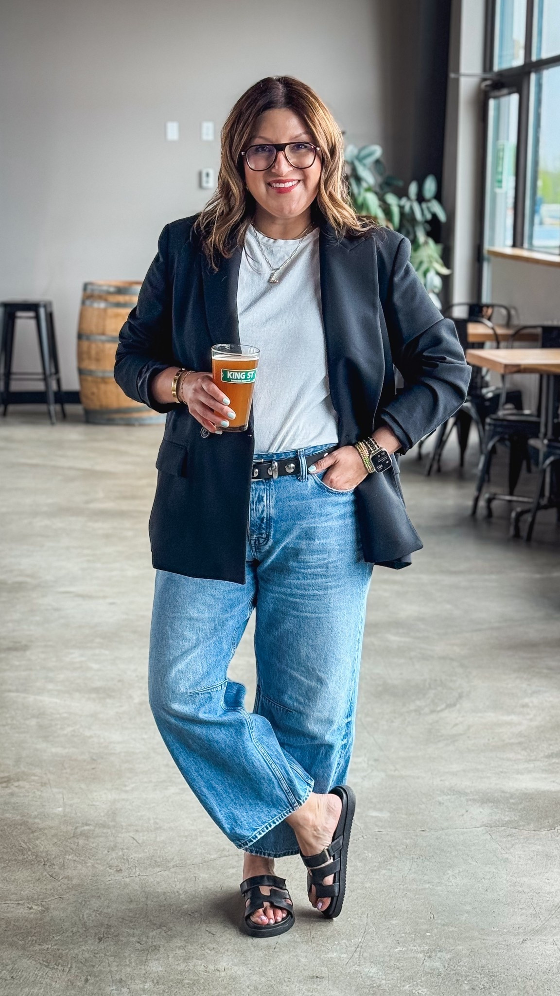 Zara blazer 8769/901 (XL), Nuuds tee (L), Madewell studded belt (L), Madewell barrel leg jeans (31), Steve Madden sandals 