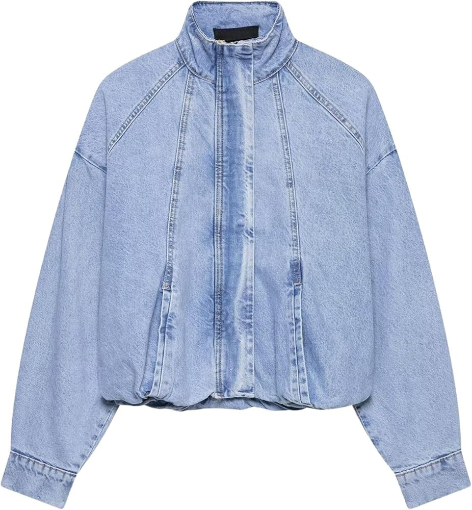 Chevara Women\u2019s Cropped Denim Bomber Jacket Casual Light Wash Stand Collar Long Sleeve Zip U... | Amazon (US)