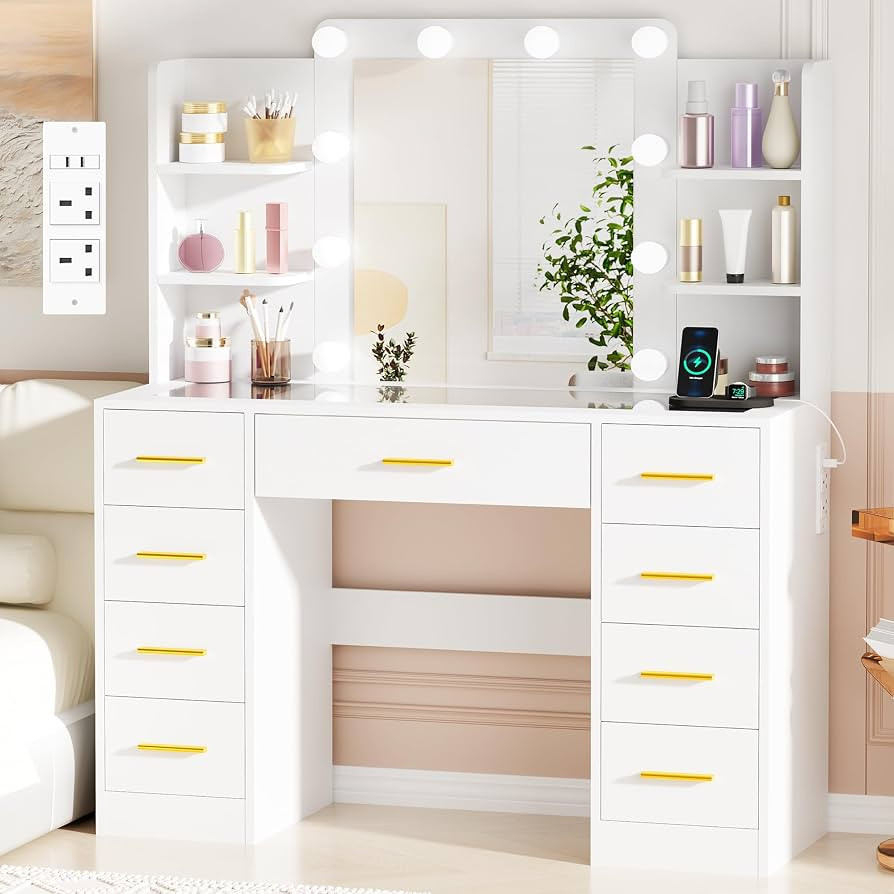 BEWISHOME Dressing Table with Mirror and Lights,Vanity Desk with Glass Top & Power Outlet,Modern ... | Amazon (UK)