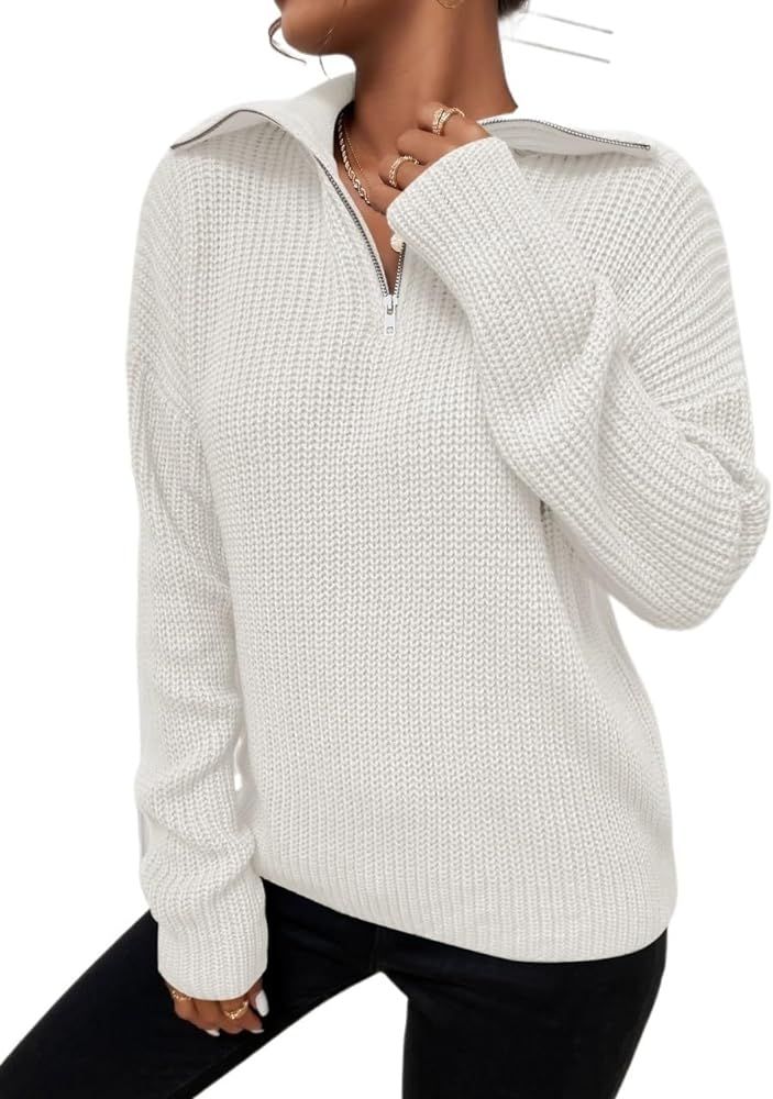 Women's Fall Sweaters Tops Ribbed Knit Half Zipper Drop Shoulder Sweater Long Sleeve Casual Pullo... | Amazon (US)