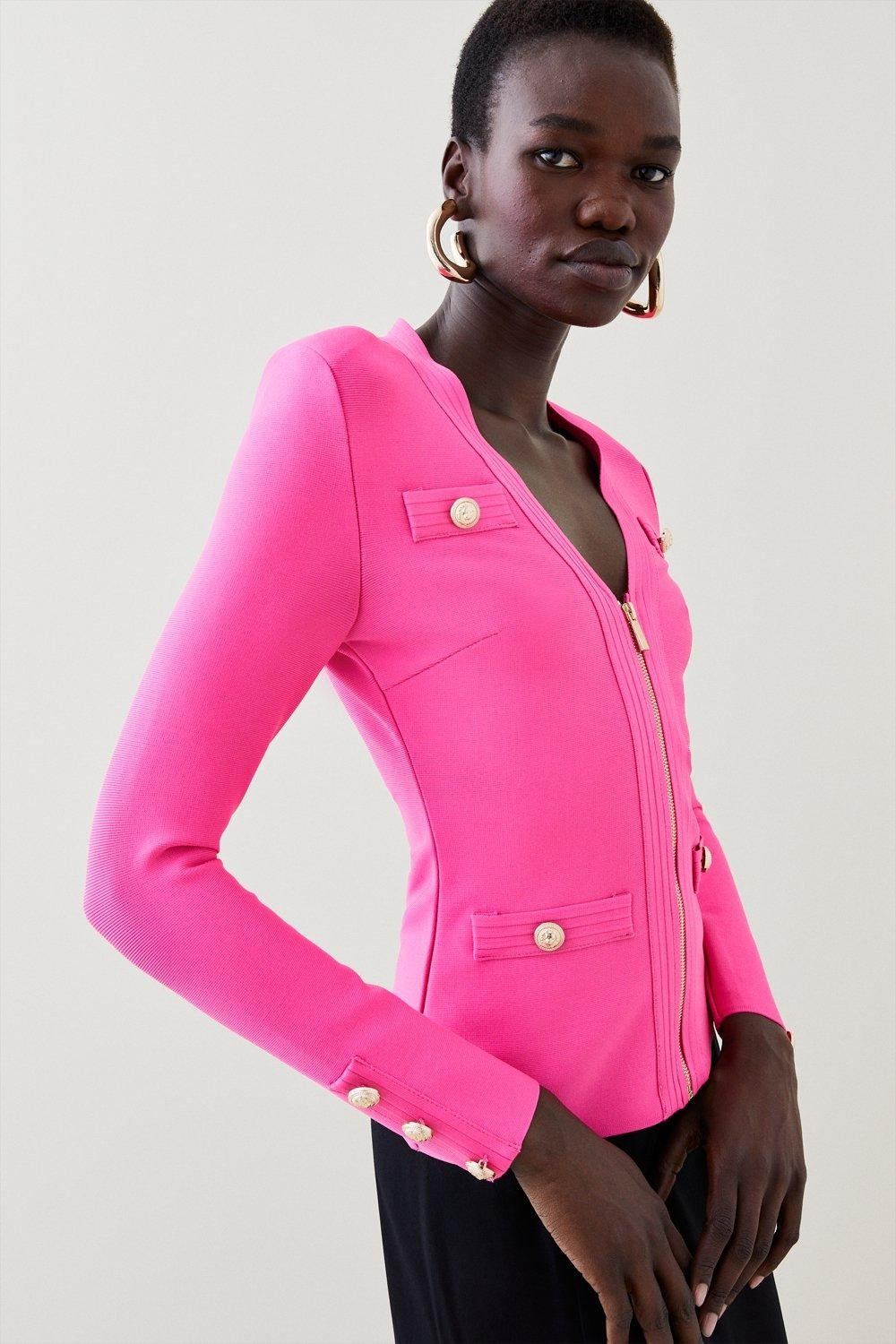 Military Bandage Zip Knitted Jacket | Karen Millen US