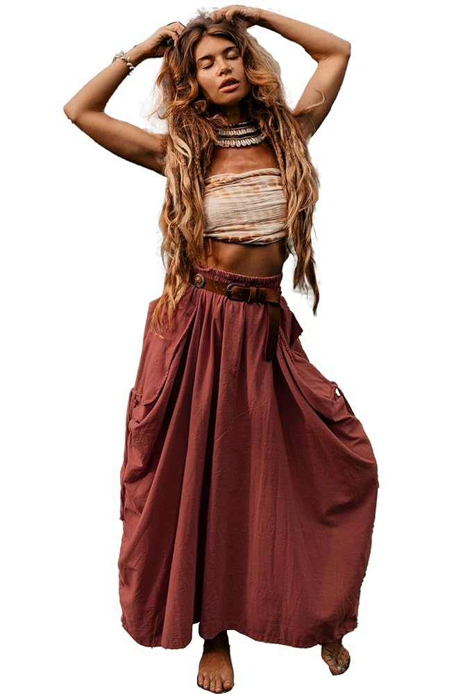 Women's Maxi Boho Skirt with Pockets Bohemian Organic Cotton Hippie Gypsy | Amazon (US)