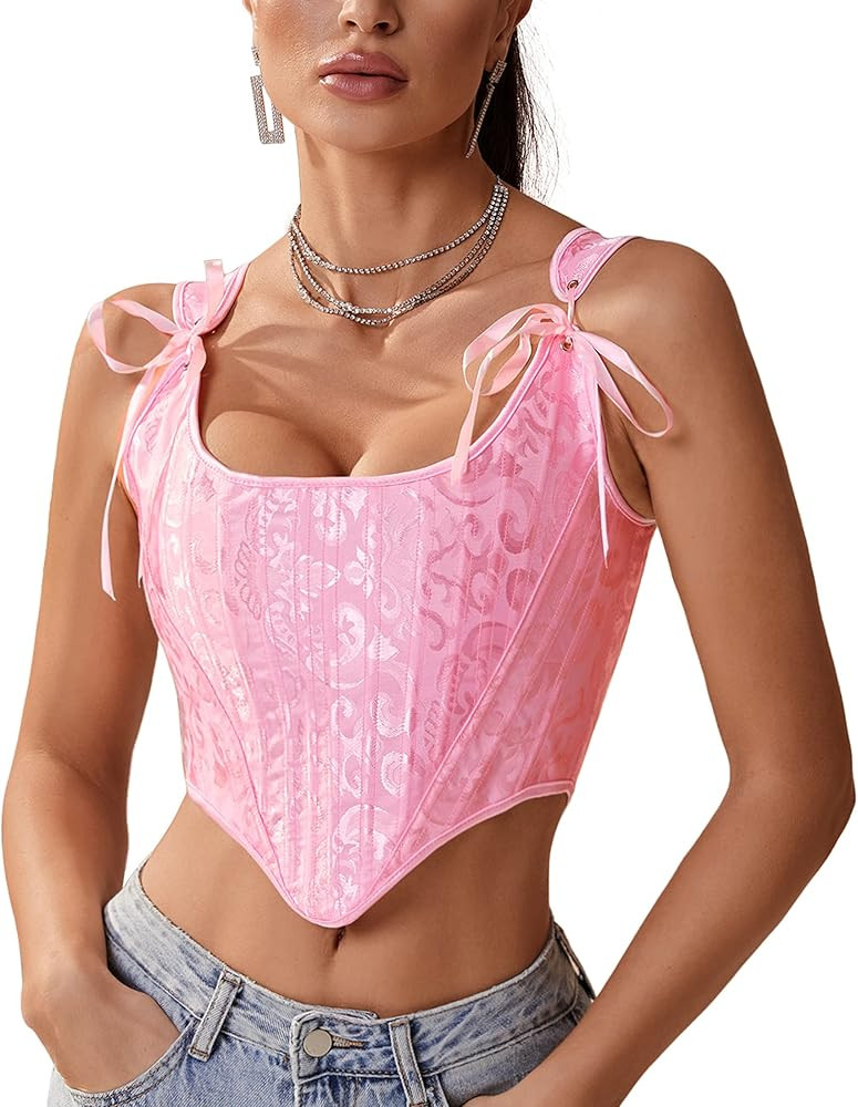 Womens Vintage Asymmetrical Hem Overbust Corset Tie Front Lace-up Back Bustier Shapewear Top | Amazon (US)