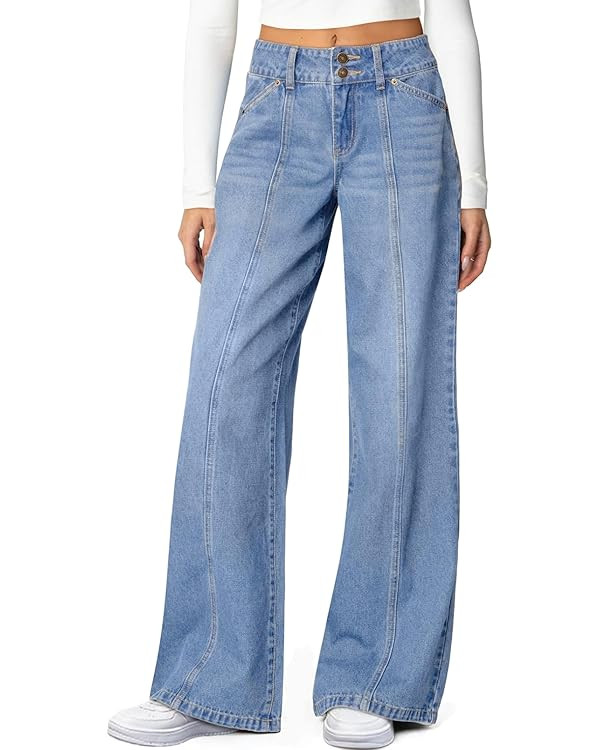 SIDEFEEL Women's Wide Leg Jeans High Waisted Stretchy Jeans Trendy Seamed Front Straight Leg Loos... | Amazon (CA)