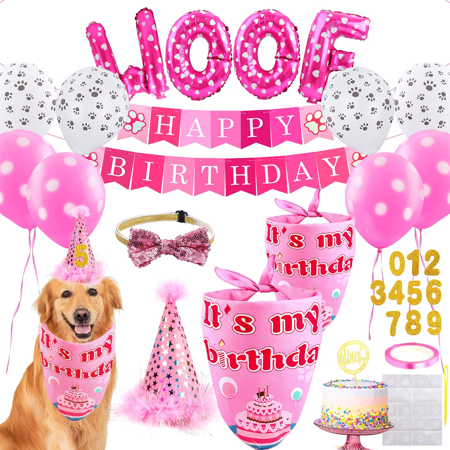 Dog Birthday Party Supplies - Girl Bandanas Set With Hat, Scarf, Banner, Balloons and Bowtie - Pu... | Amazon (US)