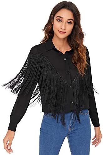 Verdusa Women's Fringe Trim Long Sleeve Button Up Blouse Shirt Top | Amazon (US)