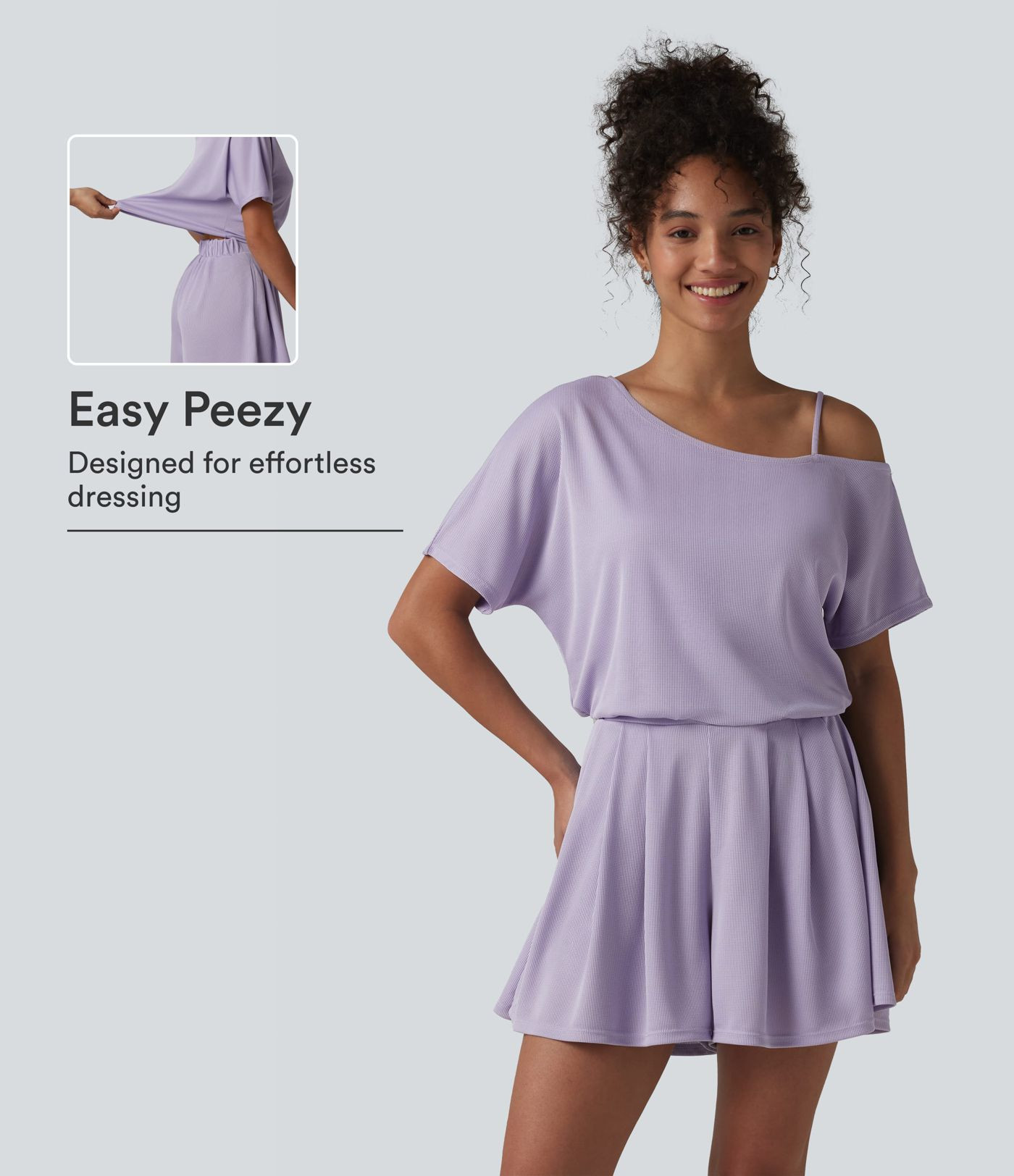 Women\u2019s One Shoulder Short Sleeve Pleated Waffle Casual Romper with Pockets-Easy Peezy Editi... | HALARA