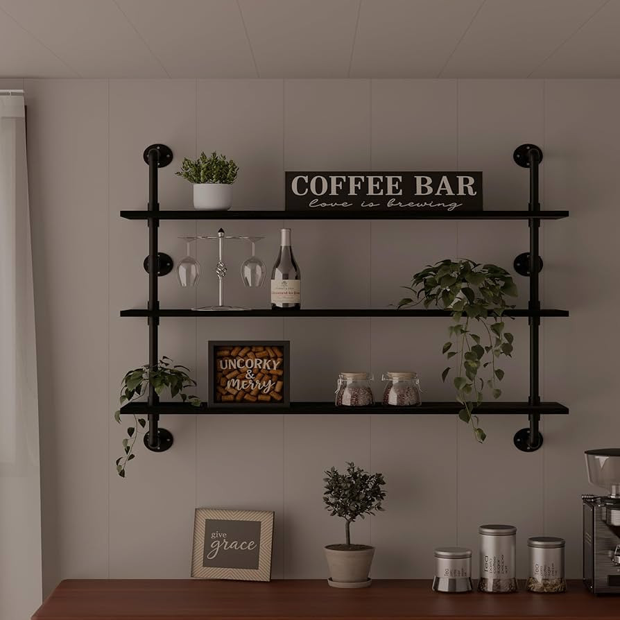 Industrial Pipe Shelving Rustic Black Wall Shelves with Wood Planks Industrial Floating Shelves 4... | Amazon (US)