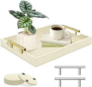 SXNOWS Wooden Serving Tray with 2 Sets of Handles,Cream | Rectangle 16.5x13 Inch Ottoman Decorati... | Amazon (US)