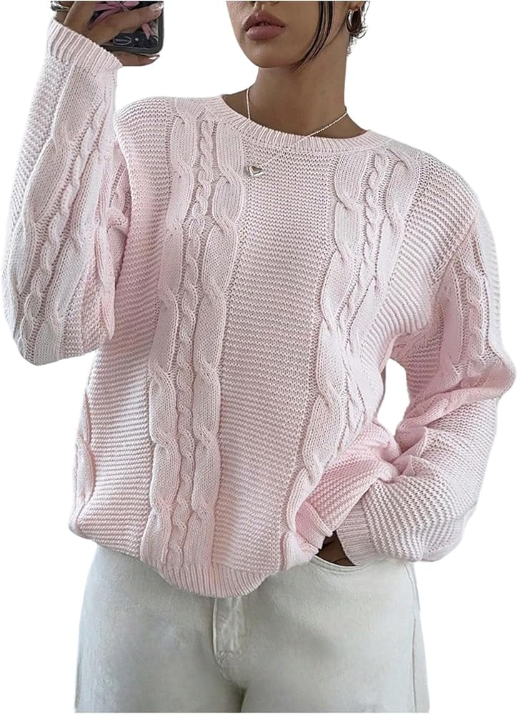 Milumia Women's Long Sleeve Crewneck Cable Knit Sweater Loose Casual Pullover Tops | Amazon (US)