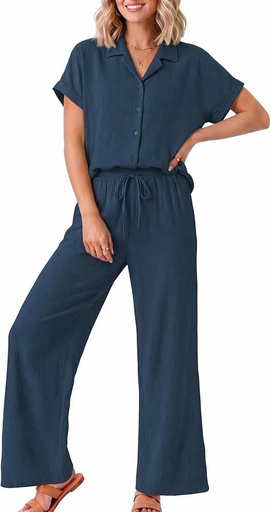 Casly Lamiit Two Piece Sets for Women Summer Beach Vacation Outfits Button Down Shirts Wide Leg P... | Amazon (US)
