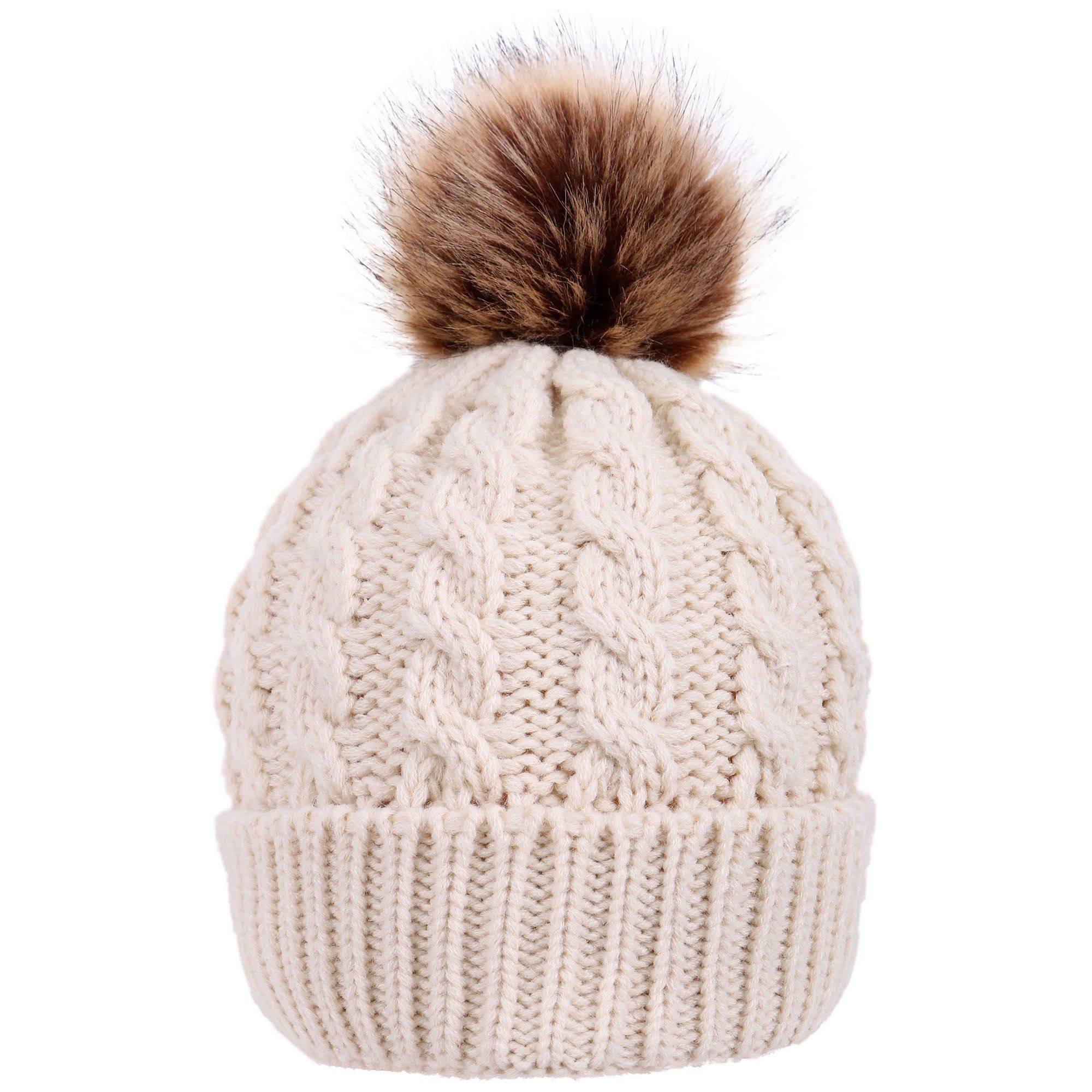 Women's Winter Soft Knitted Beanie Hat with Faux Fur Pom Pom, Cream | Walmart (US)