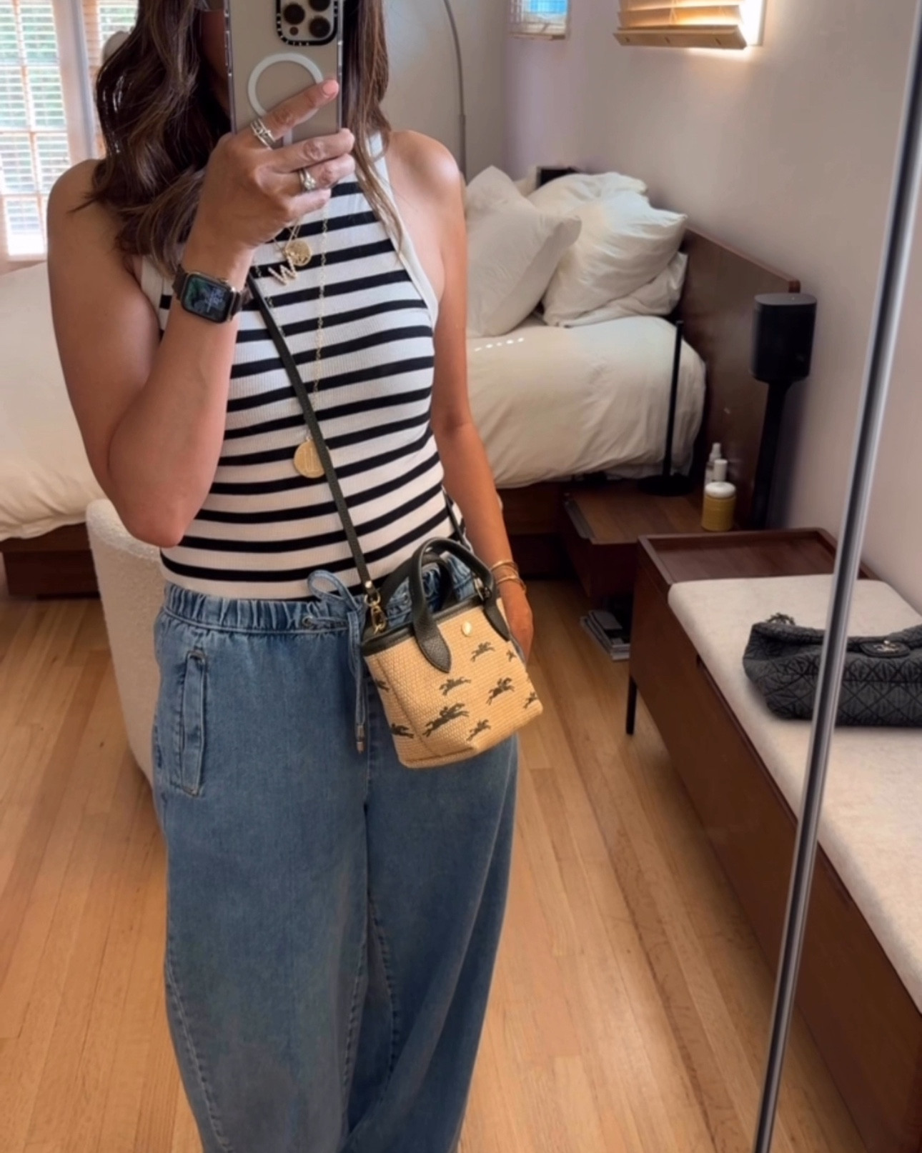 Easy, breezy, and ready to eat alllll day 🇺🇸🌭🍔🍺😂 Rocking a striped tank and drawstring jeans for that comfy-but-still-cute vibe. Trying out 3 different bags: help me pick a fave! 🙈✨ 
Tank (size S)
Jeans (size S)
Sandals (size 36.5)

#LTKStyleTip #LTKItBag #LTKShoeCrush