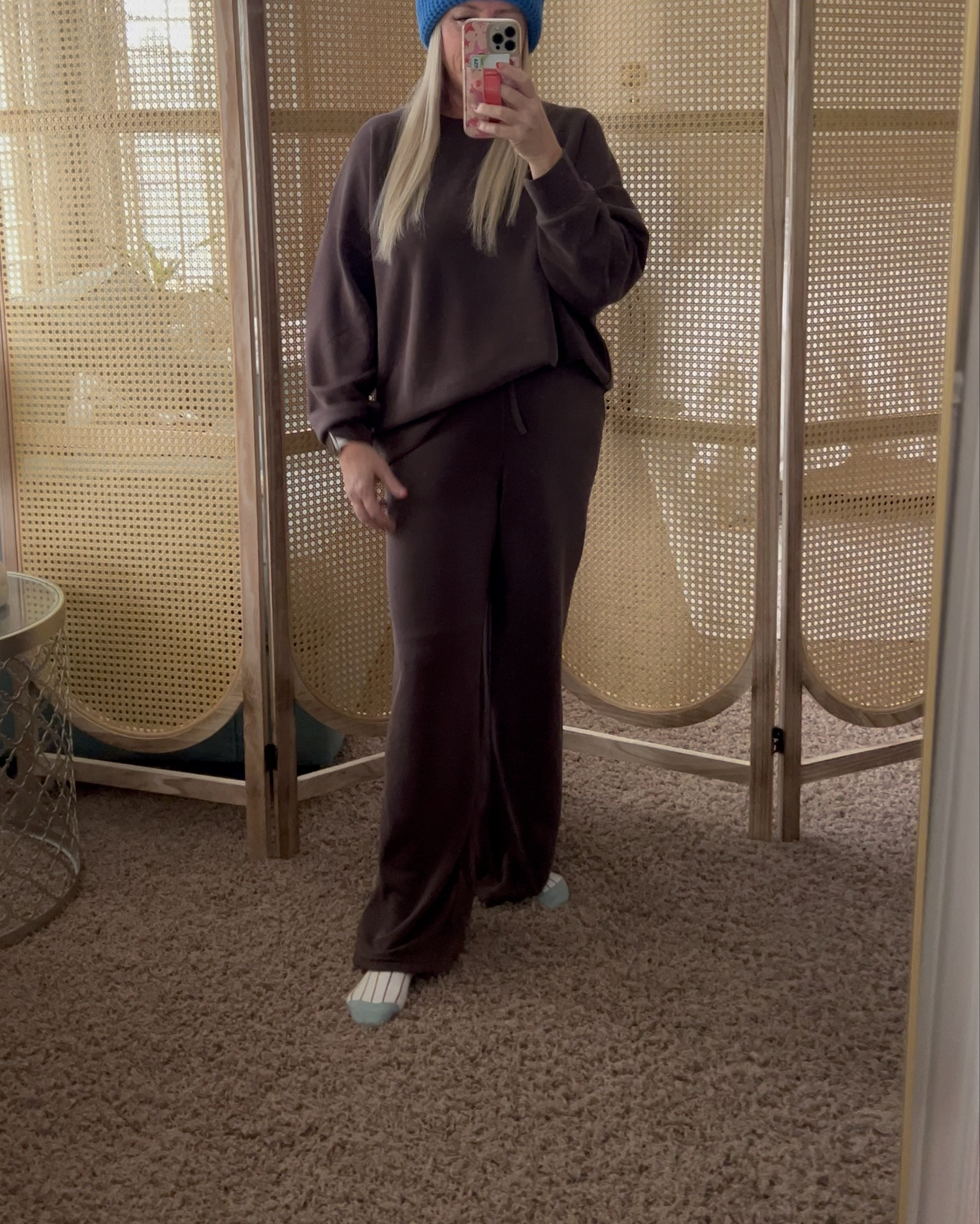 Today’s #ootd for some errands, a pedicure and work at home comfies {this set is SO SOFT}! 
.
Style tip: Sets are my go-to when I’m not up to styling a full look, but don’t be afraid to throw color into your otherwise simple look!
.
Loving the neutral look with a pop of color in the beanie! The browns are a forever good color for my blonde hair + this blue is still one of my favorite trend colors! Not only is it great for my blue eyes, but this #freepeople hat is so comfy {I have multiple colors!}! It’s loose around my head, but still fits tight enough and is cozy for a cold winter day {or don’t want to do my hair day}! 
.
Wearing medium in set! 
.
#errandsfit #momfashion #momootd #momstyle #casualfashion #errandfashion #workathomefashion #over40style #comfyclothes #brown #neutrals #beanie #winterwear #ldsfashion #modestfashion #affordablefashion #roolee #nickelandsuede #sets #brownset #softestset

#LTKActive #LTKOver40 #LTKStyleTip