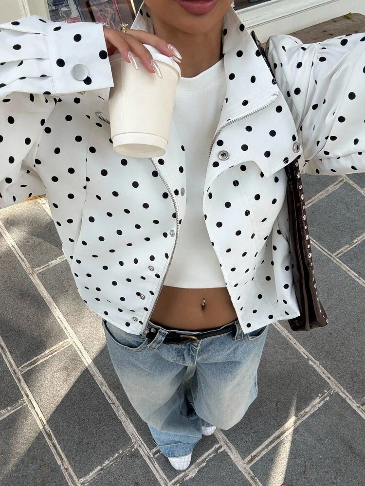 Muchica Plus Size Polka Dot Casual Versatile Commute & Date Long Sleeve Jacket, ,Date, Commute, Party,Fall /Autumn/Winter/Summer,Christmas,New Year,Thanksgiving,Party,Wedding,Beach,Graduati,Chic,Elegant,Casual,Going Out,Date,Appointment,Commute,Shining,Valentine's Day,Elegant ,Vacation,Casual,Y2k | SHEIN