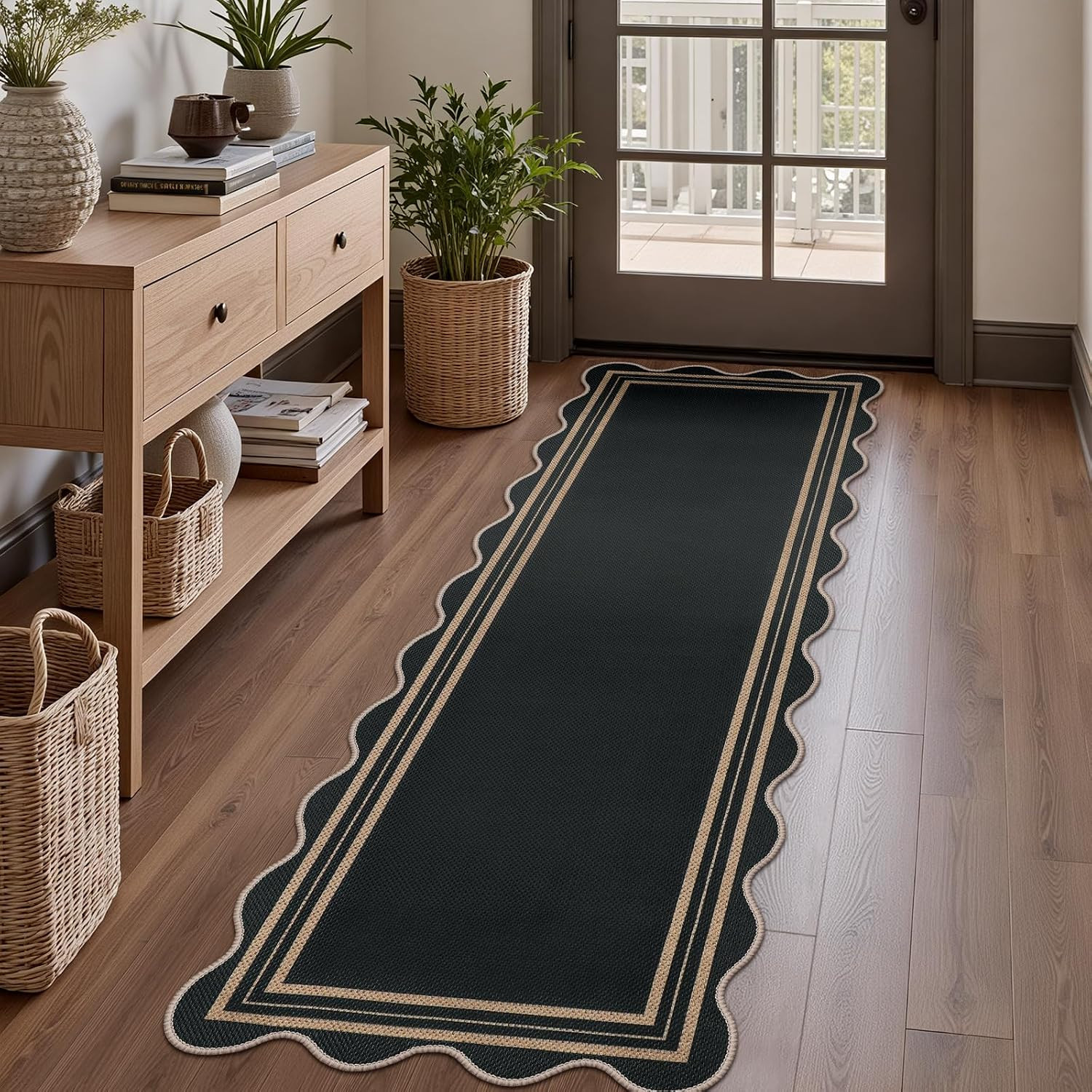 Scalloped 2x6 Kitchen Runner Rug, Washable Rugs for Entryway Non Slip Outdoor Indoor Black Hallway Rug, Farmhouse Modern Carpet for Entry Bedroom Laundry | Amazon (US)