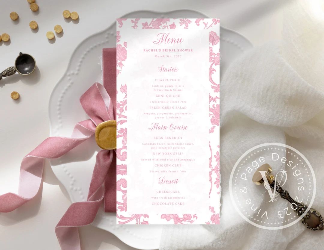 Pink French Toile Menu Card Template, Floral Bridal Shower, With Chinoiserie Ginger Jar Detail, 2... | Etsy (US)