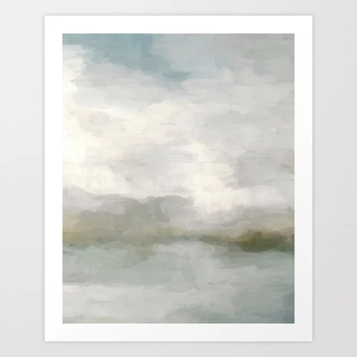Break in the Weather II - Modern Abstract Painting, Light Teal, Sage Green Gray Cloudy Weather Oc... | Society6
