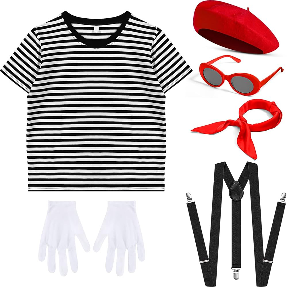 Zhanmai French Mime Artist Costume Set for Women Red Beret Sunglasses Neck Scarf Gloves Suspender... | Amazon (US)