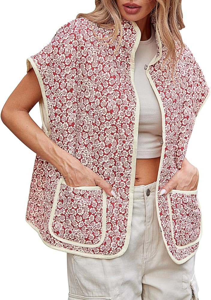 Tankaneo Womens Trendy Quilted Vests Outerwear Lightweight Floral Print Gilet Oversized Sleeveles... | Amazon (US)