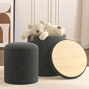 Upholstered Round Storage Ottoman Set of 2 for Bedroom Living Room Dorm, Multifunctional Gray Vel... | Amazon (US)
