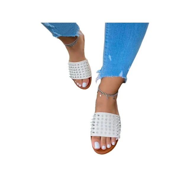 SIMANLAN Womens Studded Rivet Slides Sandals Flat Slip On Ladies Slippers Shoes Casual - Walmart.... | Walmart (US)