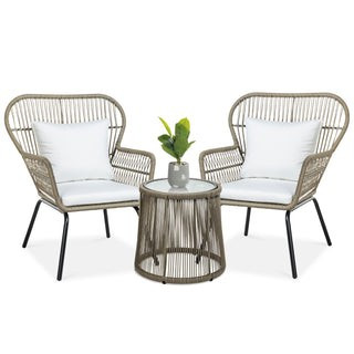 3-Piece Patio Wicker Conversation Bistro Set w/ 2 Chairs, Glass Top Table | Best Choice Products 