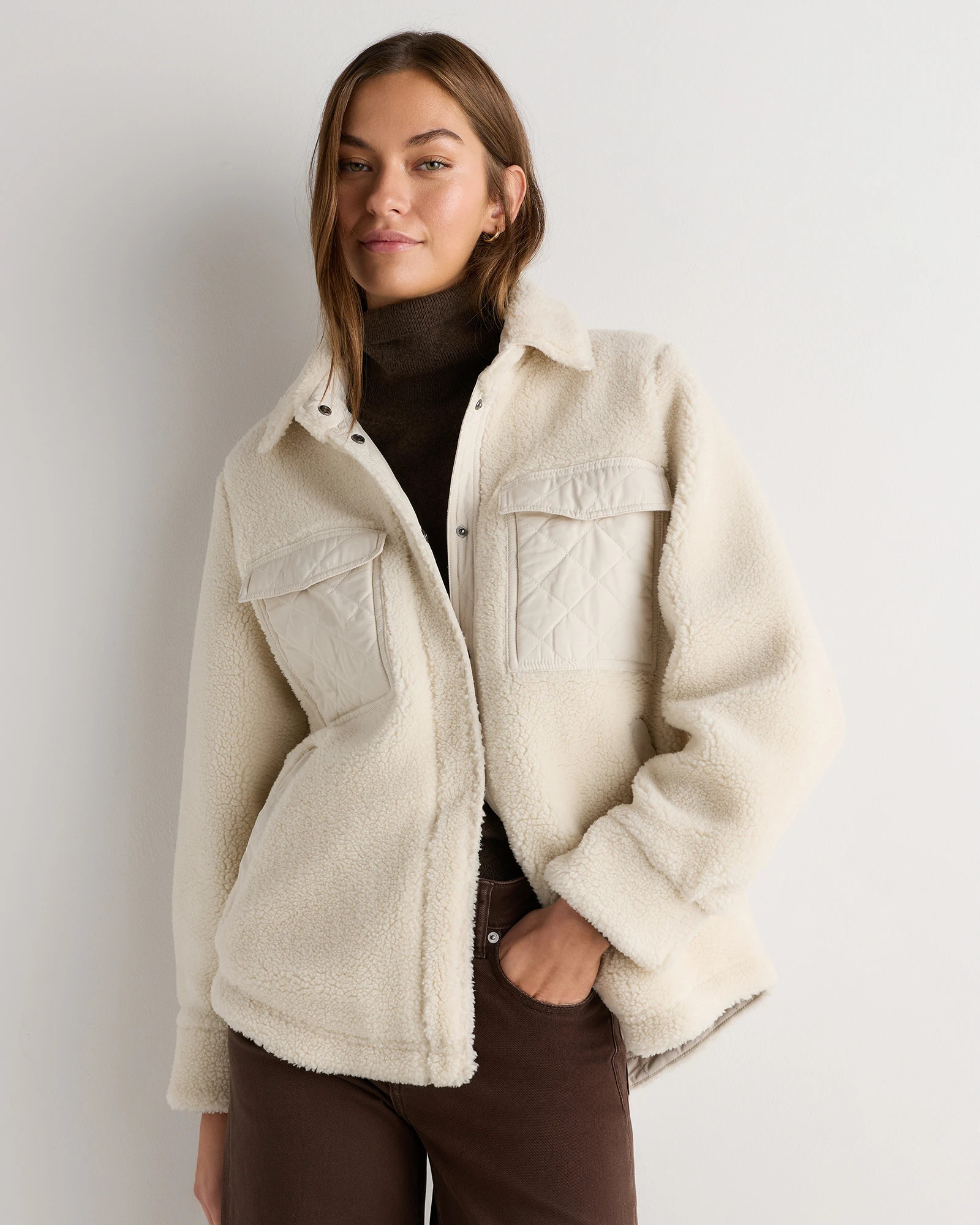 Quince | Women's Sherpa Oversized Shirt Jacket in Oat Milk Ivory, Size Large, Recycled Polyester | Quince
