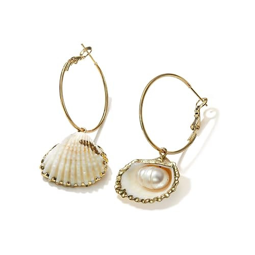 Shell Earrings Gold Plated Natural Freshwater Pearl Shell Drop Dangle Valentine's Day Couples Gif... | Amazon (US)