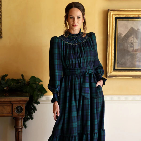 Colette Women's Dress Black Watch Tartan with Royal Blue Hand Smocking | Smock London Ltd