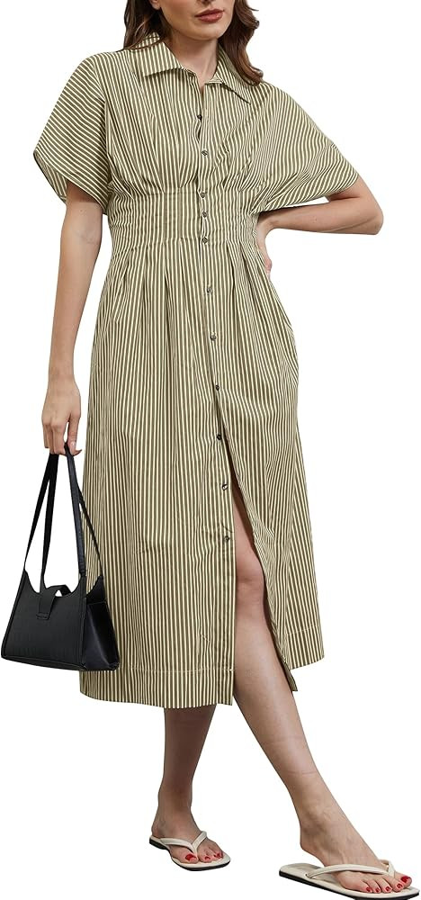 MISSACTIVER Button Front Pleated Shirt Dress for Women Summer Striped Short Sleeve Lapel V Neck C... | Amazon (US)