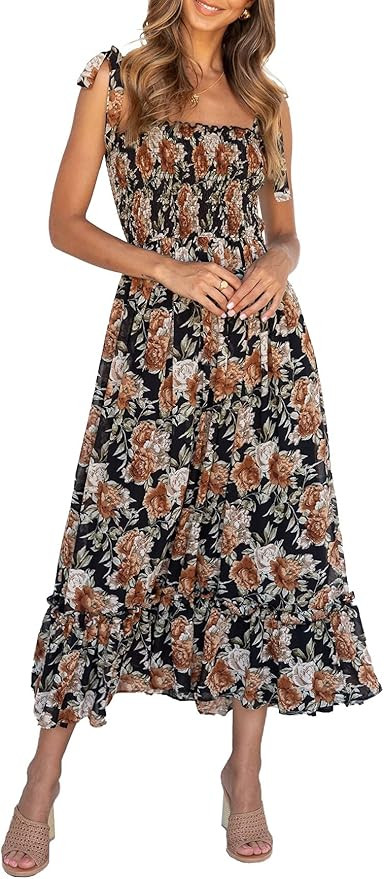 Imily Bela Womens Summer Floral Maxi Dress Boho Tie Strap Sleeveless Smocked A Line Beach Sundres... | Amazon (US)