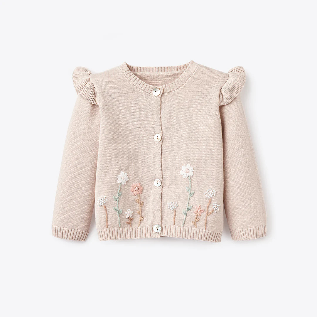 Taupe Flutter Sleeve Hand-Embroidered Baby Cardigan | Elegant Baby