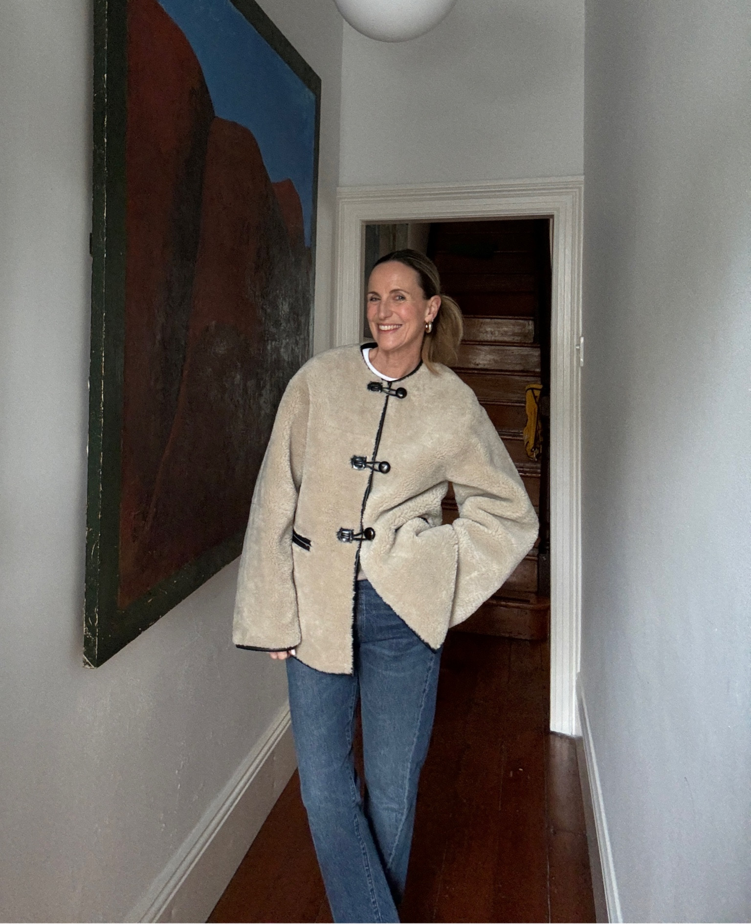 Shearling (or this case faux shearling) jackets are so warm for these chillier days and are available at every price point. Great when paired back to denim. These are a fave from Toteme and are narrower in the leg than my regular picks!