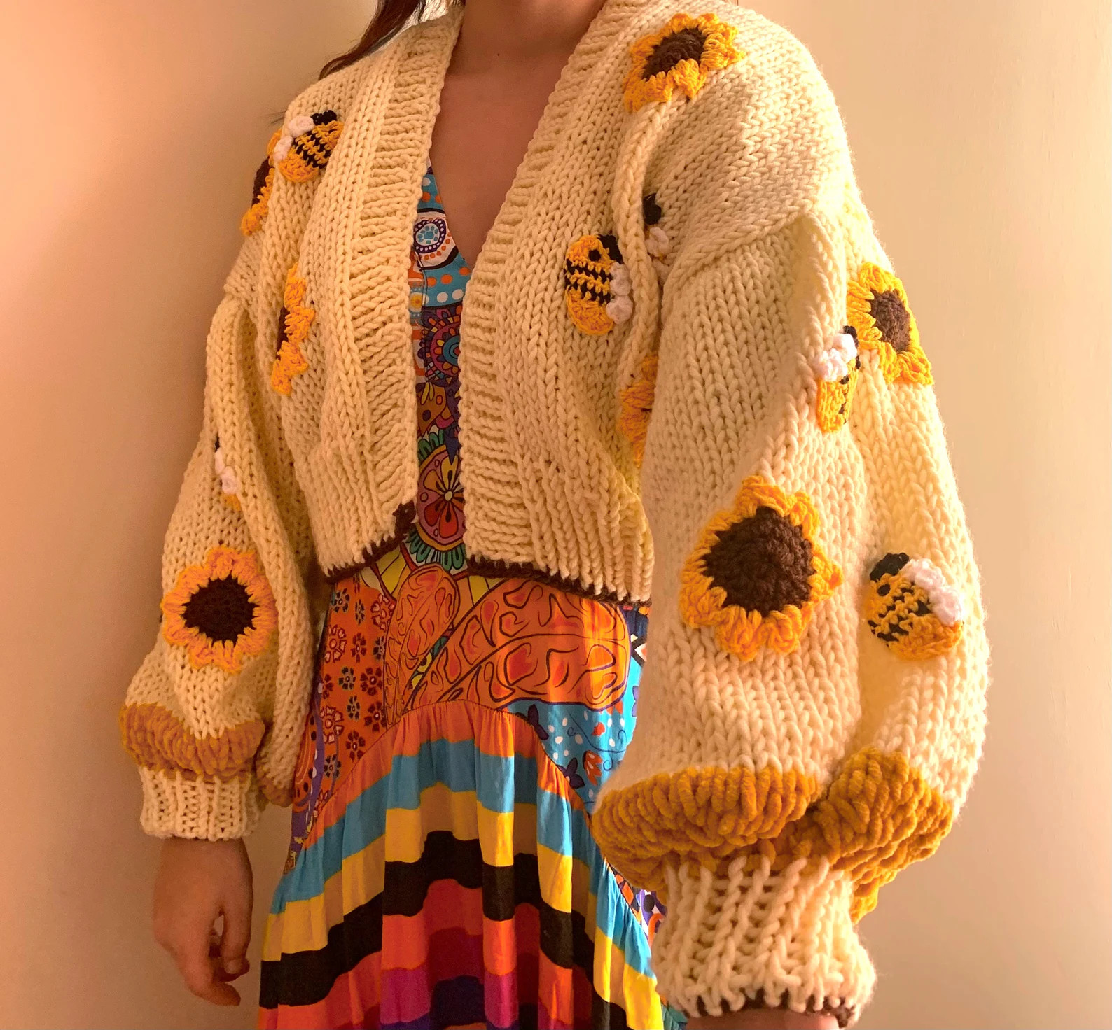 Chunky Knit Crop Cardigan: Sunflower and Bee Sweater | Etsy (US)