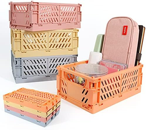 4-Pack Storage Baskets Plastic for Shelf Home Kitchen Storage Bin Organizer, Stacking Folding Storag | Amazon (US)