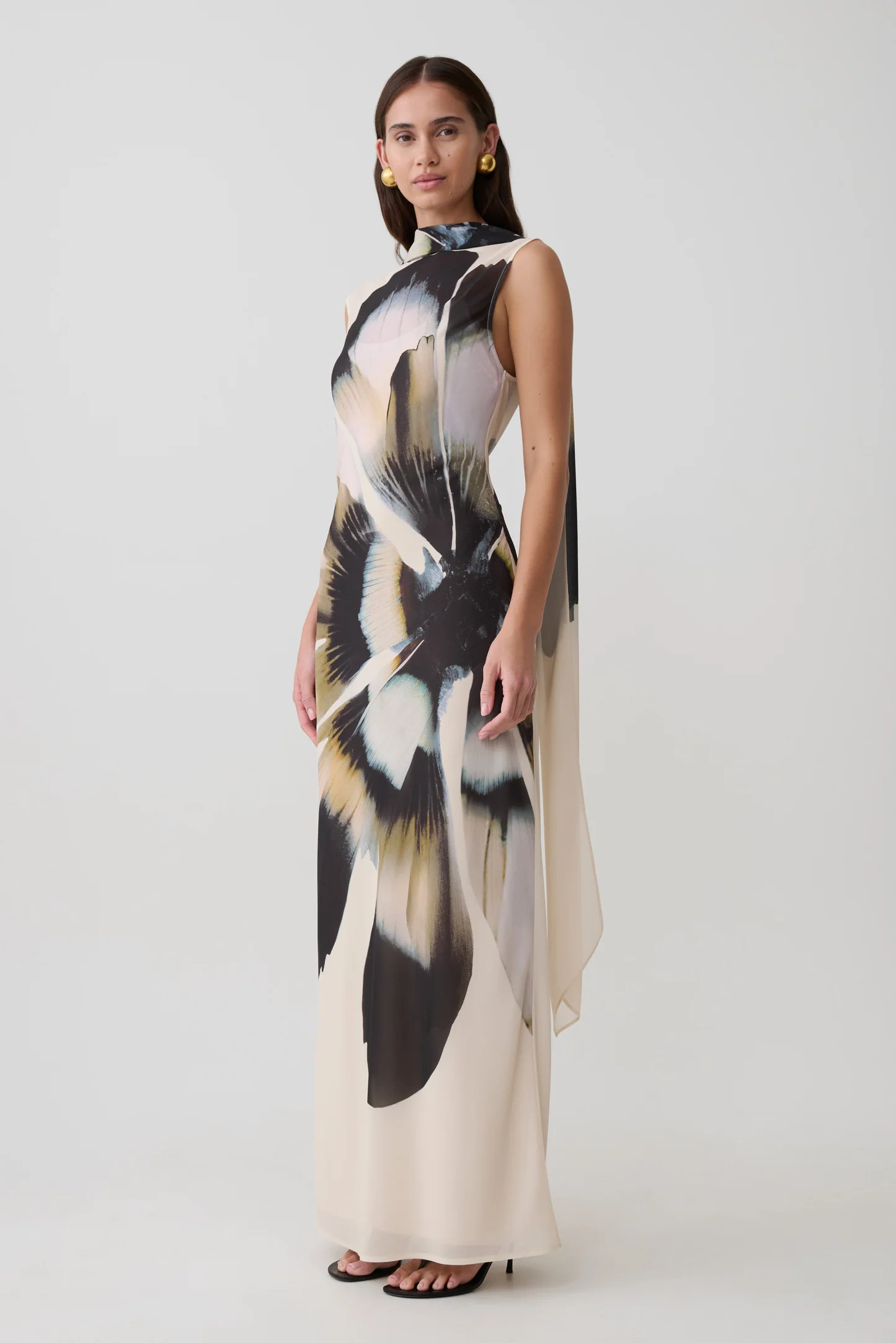 Dakota Chiffon Maxi Dress With Scarf - Ivory Oversized Floral Print | Meshki UK