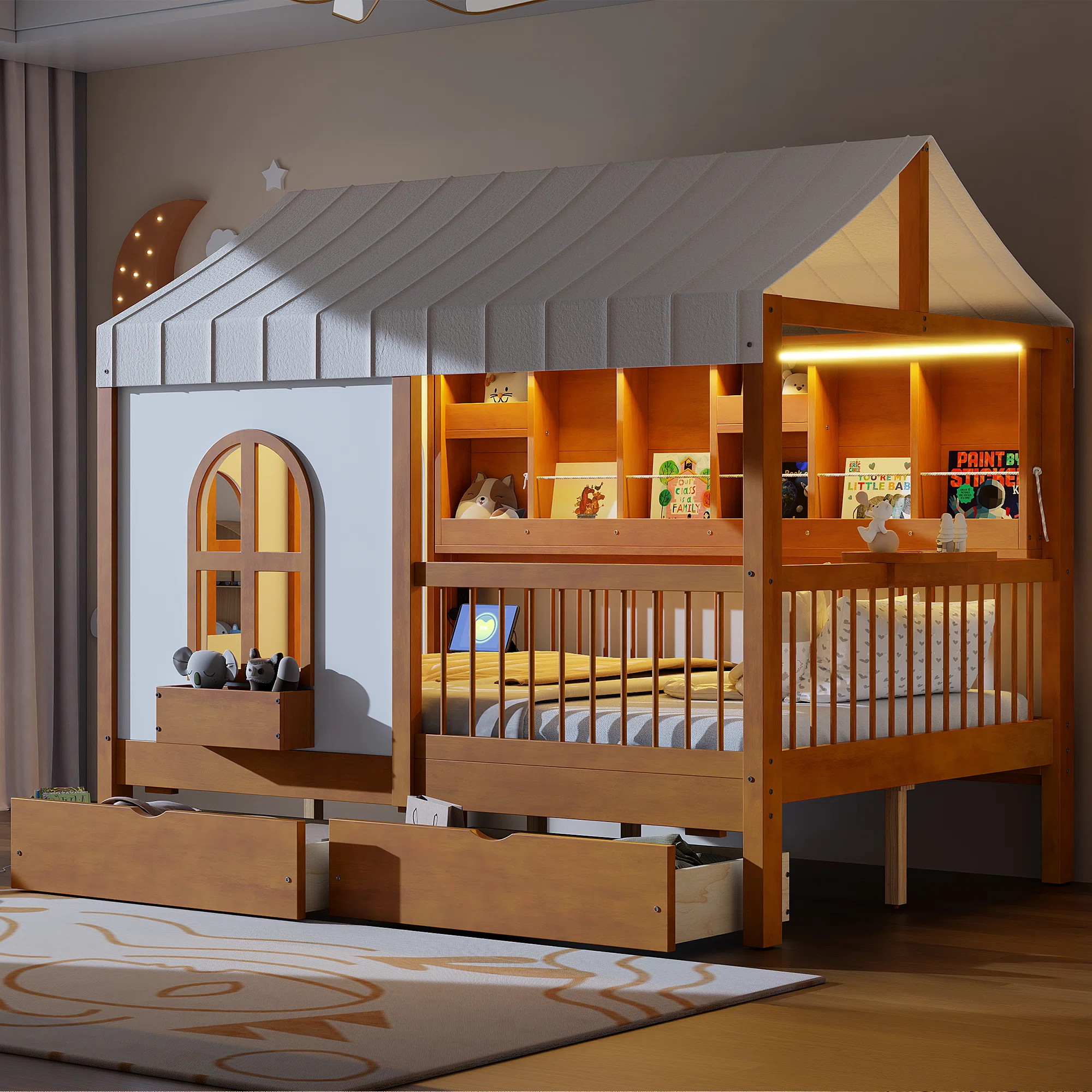 Full Size Kids House Bed with 2 Large Storage Drawers, Side Bookshelf & LED Lights, Walnut | Wayfair North America