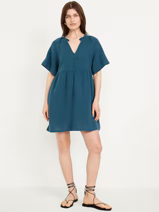 Split-Neck Crinkle Gauze Mini Swing Dress | Old Navy (US)