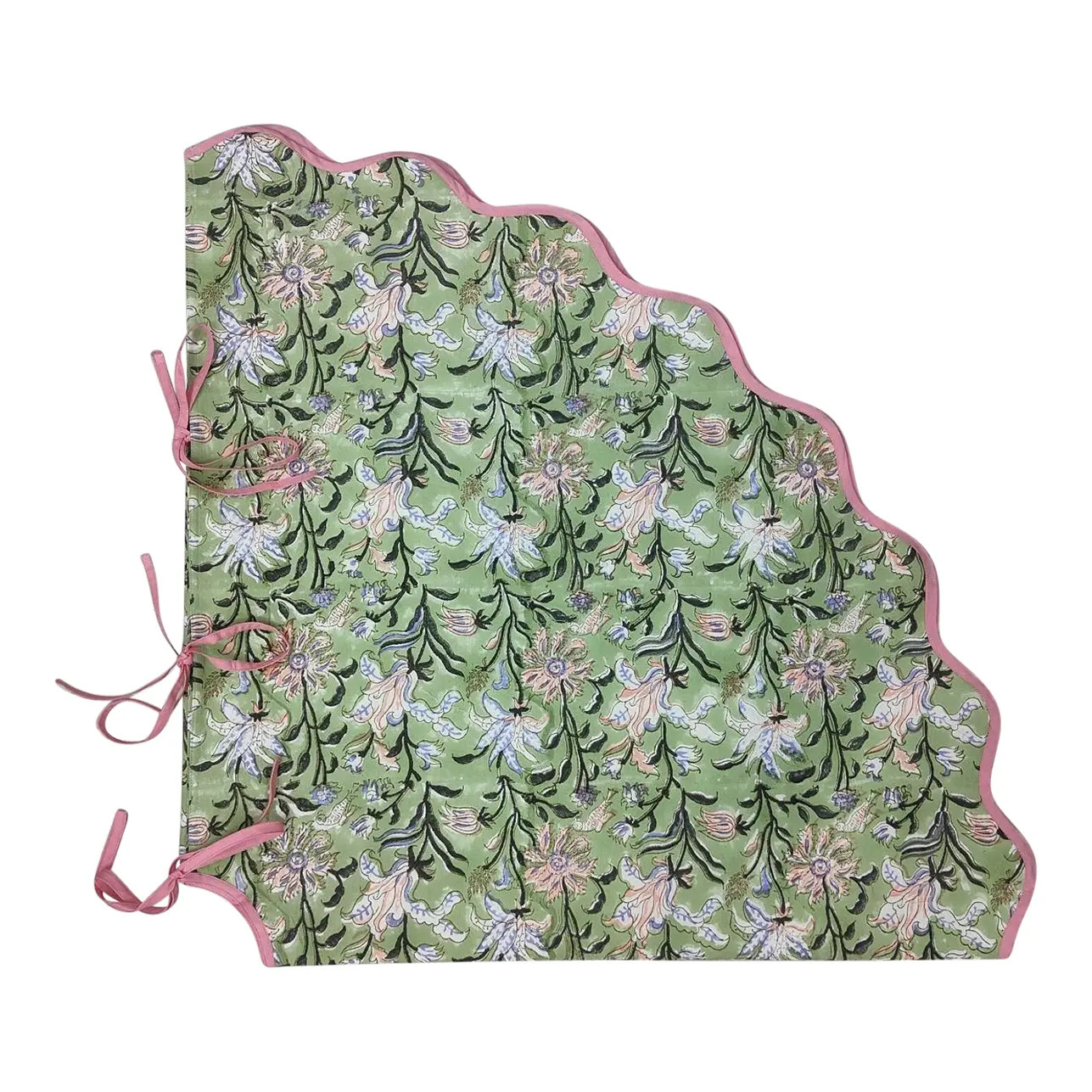 Handmade Scalloped Christmas Tree Skirt in Light Green Floral with Light Pink Piping | Chairish