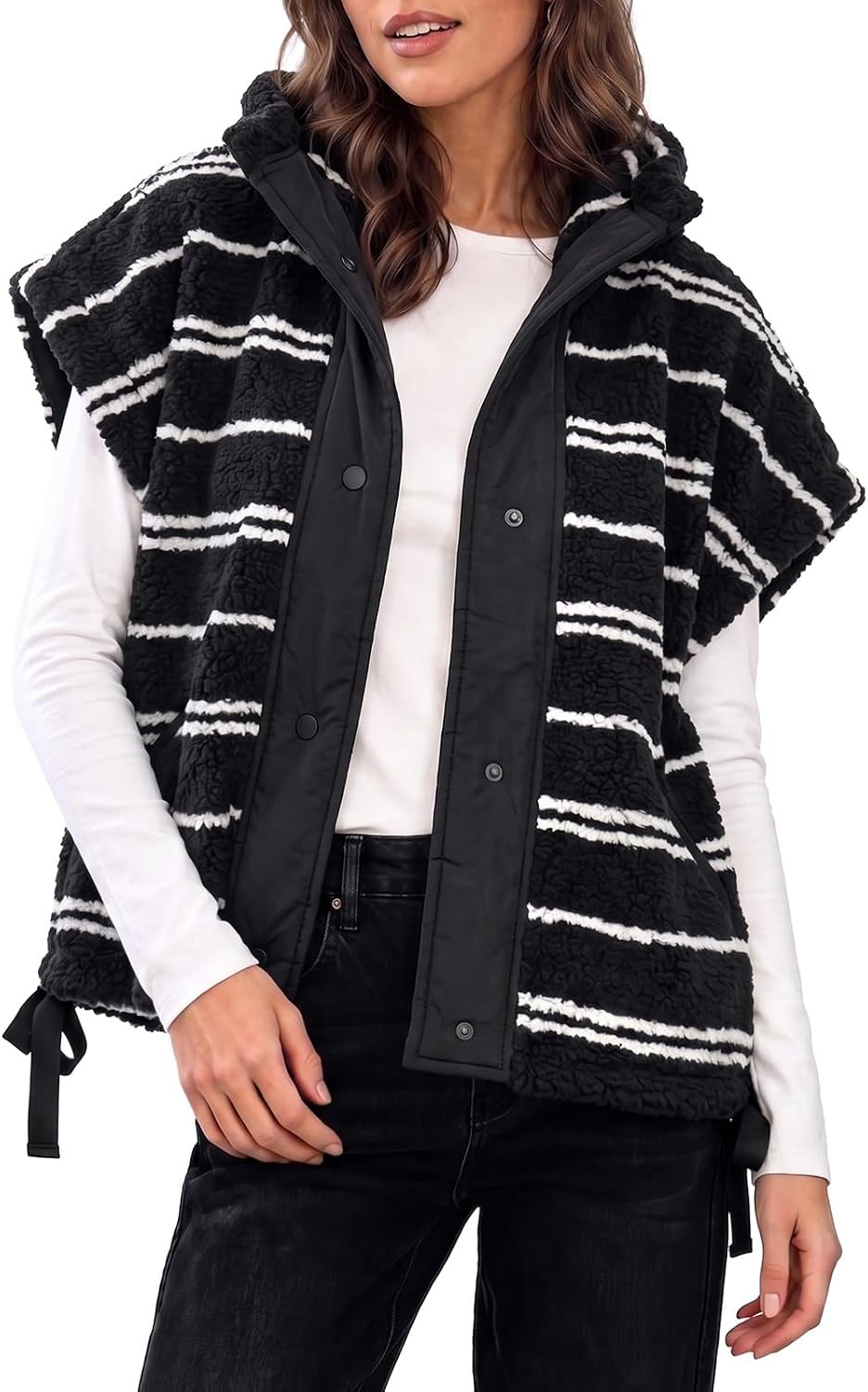 Fisoew Womens Fuzzy Fleece Vest Casual Striped Sleeveless Sherpa Jackets | Amazon (US)